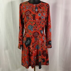 LOFT Red Multicolor Floral Print Long Sleeve A-Line Dress